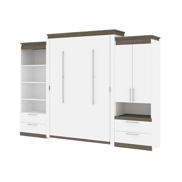 Orion 124W Queen Murphy Bed and Multifunctional Storage with Drawers (125W), White & Walnut Grey